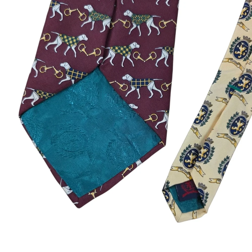 Vtg 90s Tommy Hilfiger Silk Tie Burgundy Hunting Dog Equestrian Crest USA Made
